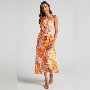 One-Shoulder Wrap Dress – Orange Floral – XS/2 💓🍊🌸